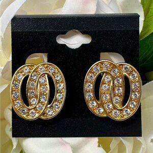 VTG Monet Gold Rhinestone Clip On Earrings w Overlapping Ovals Circles